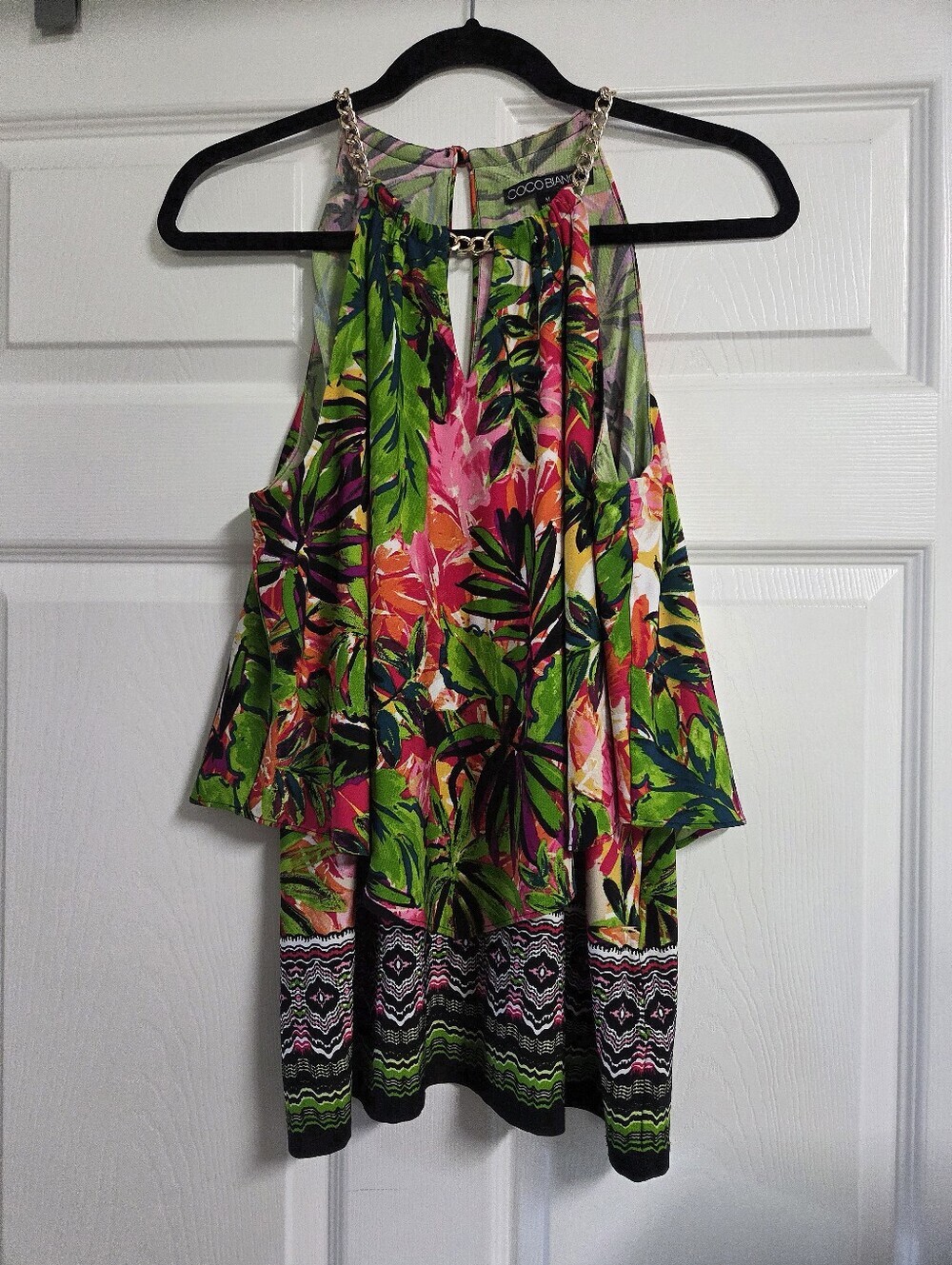 Women's EUC Coco Bianco Tropical Print Tiered Halter Top With Chain Neck Size M